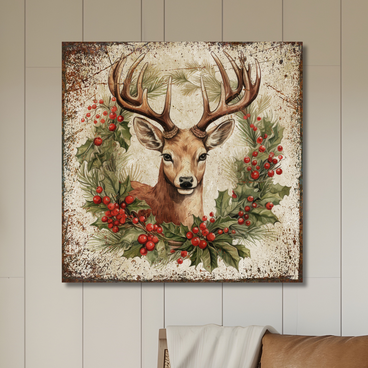 Antlers and Holly Deer Canvas Art
