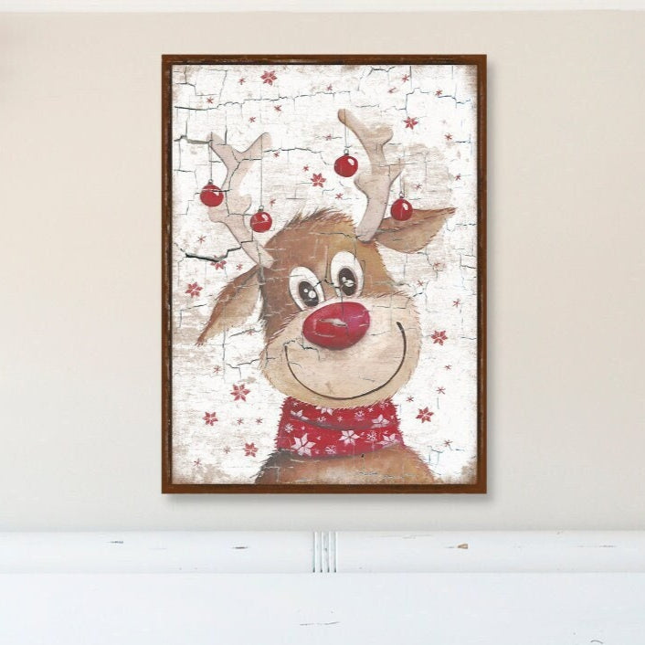 Christmas Decor, Reindeer Sign, Canvas Wall Art, Vintage Holiday Decor, Christmas Wall Art, Reindeer Picture, Rudolph The Red Nosed Reindeer