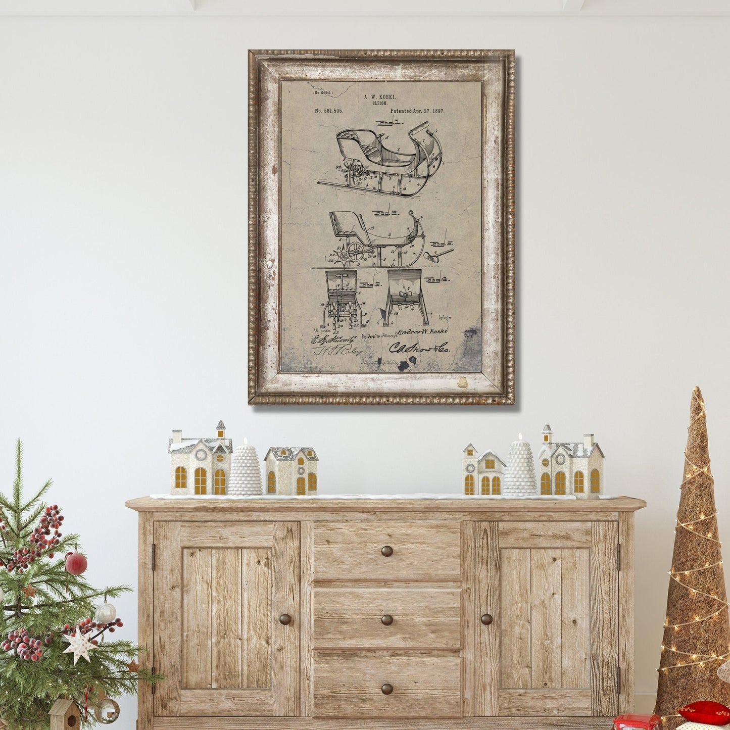Christmas Sign, Sleigh Patent Holiday Sign, Vintage Holiday Decor, Large Canvas Wall Art, Vintage Signs, Antique Signs, Oversized Wall Art