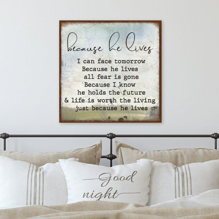 Because He Lives Canvas Sign, Modern Farmhouse Wall Decor, Christian Home Decor, Antique Wall Art, Church Hymn, Vintage Sign Christian Gifts