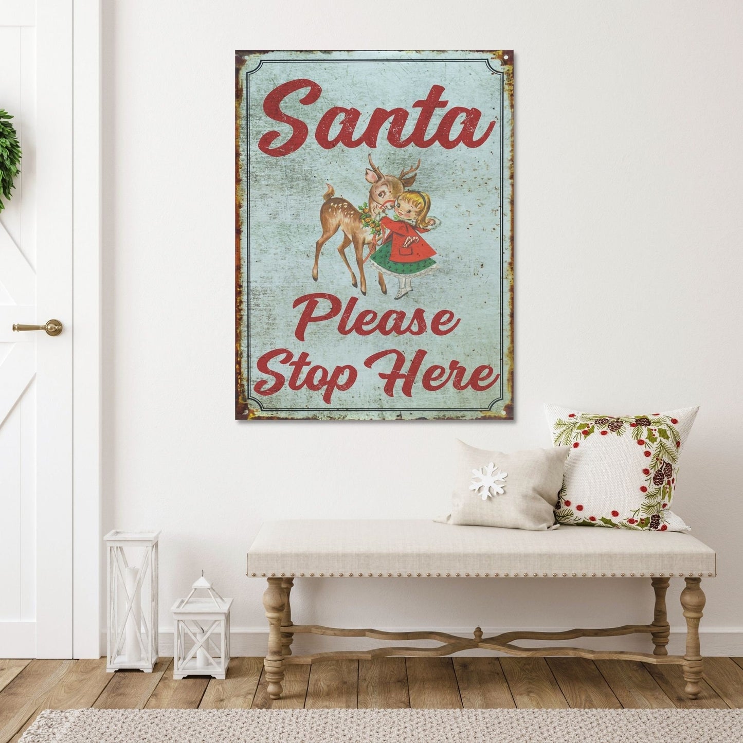 Holiday Decor, Santa Please Stop Here Canvas Wall Art, Christmas Signs, Retro Christmas, Large Canvas Signs, Vintage Holiday Sign