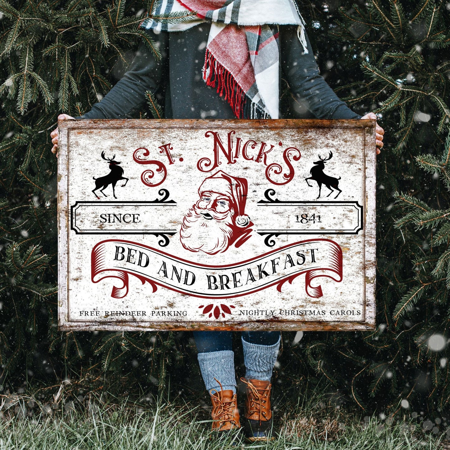 St Nicks Bed And Breakfast, Vintage Holiday Sign, Large Canvas Sign, Faux Metal Christmas Decor, Santa Christmas Decor, Christmas Wall Art