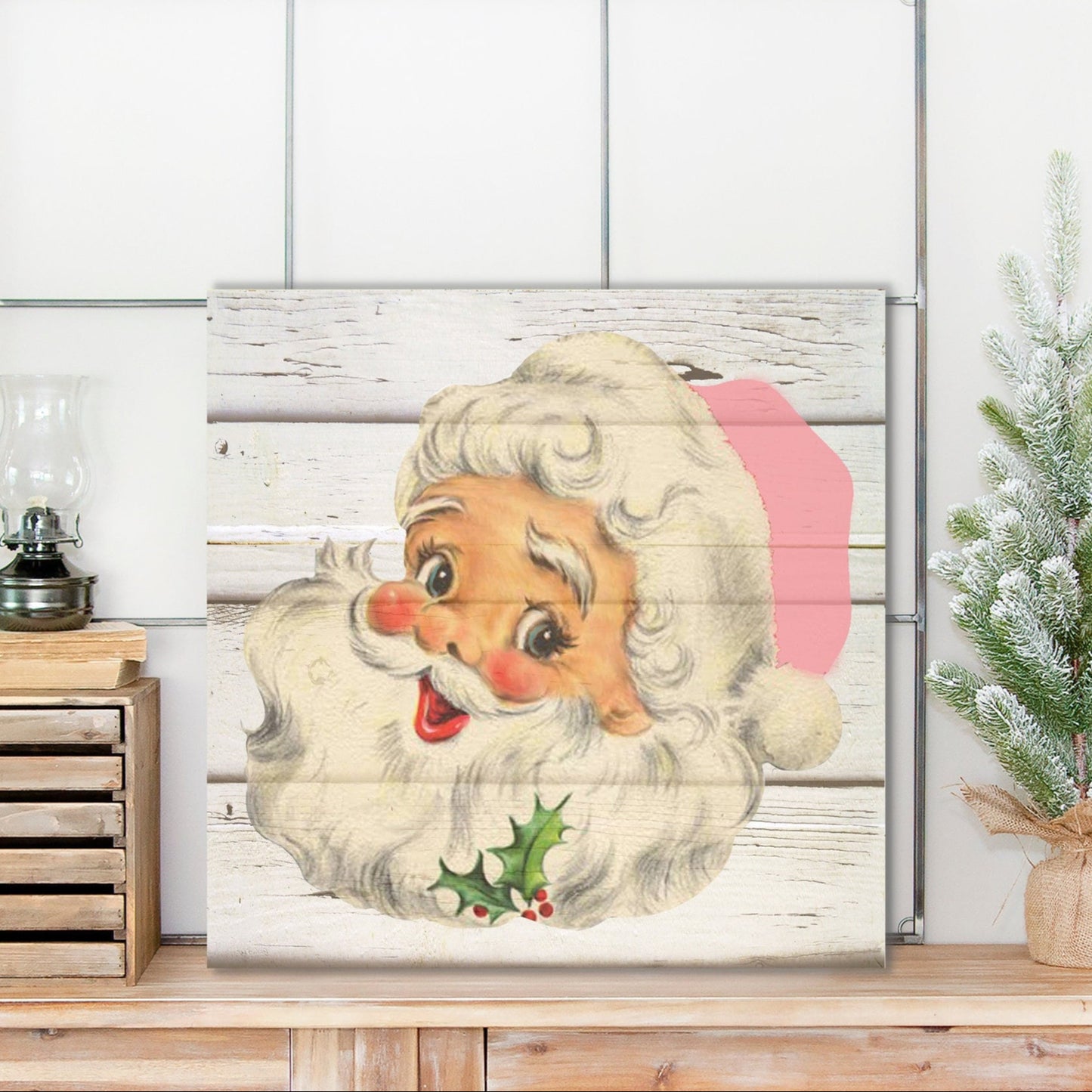 Pink Santa Canvas Sign, Farmhouse Holiday Decor, Vintage Christmas Sign, Vintage Wall Art, Farmhouse Pastel Christmas, Santa Claus Decor