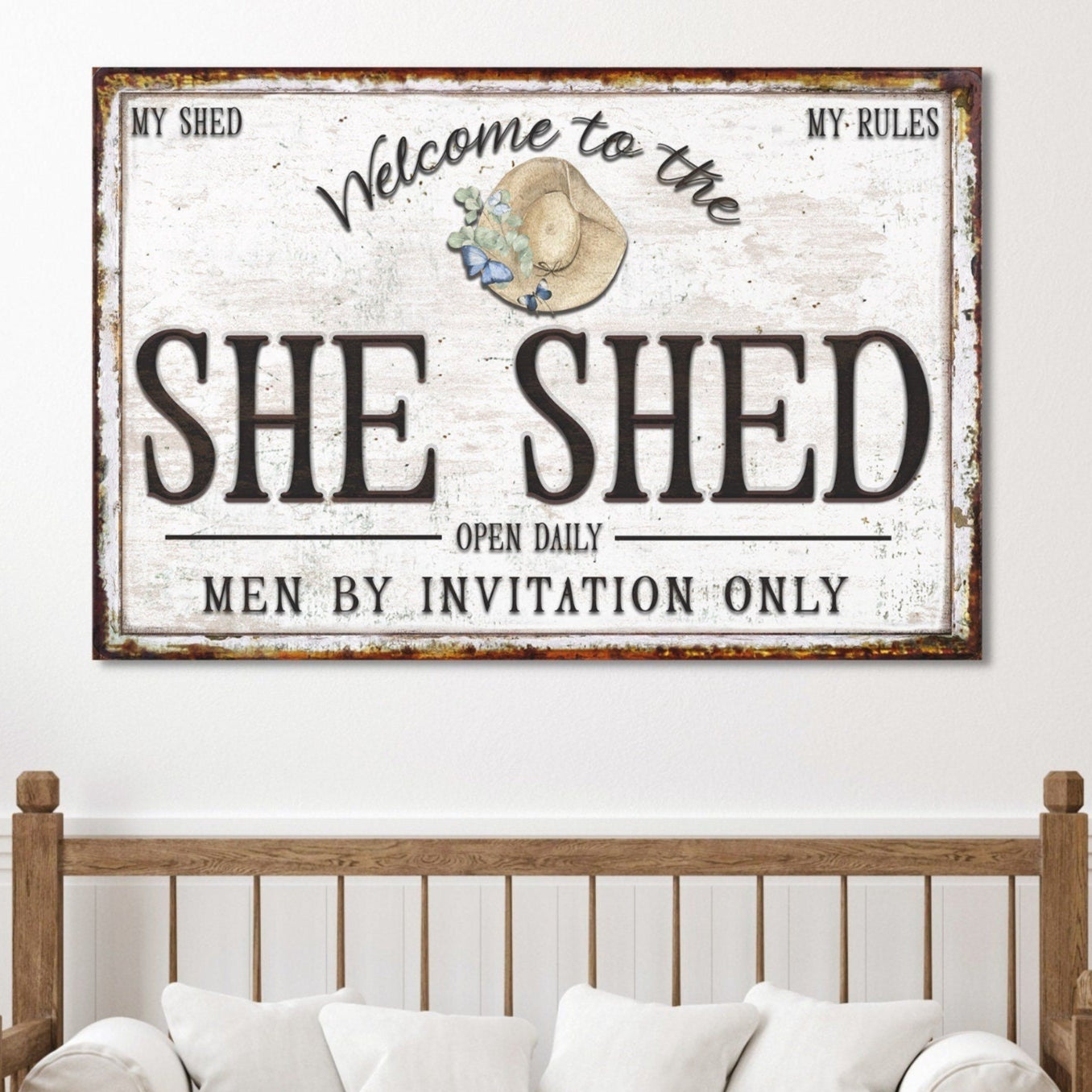 She Shed Sign, Canvas Wall Art, Vintage Decor, Rustic Decor, Faux Metal Sign, Vintage Farmhouse Decor, Shed Rules, Best Friend Gift,