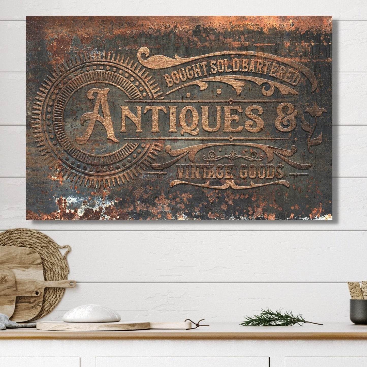 Faux Metal Antiques Sign, Canvas Wall Art, Rustic Decor, Vintage Signs, Vintage Wall Art, Vintage Wall Decor, Rusty Sign, Antique Sign