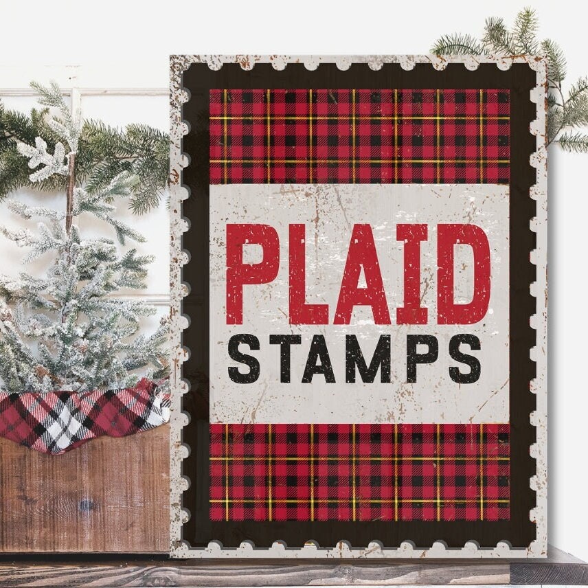Plaid Stamps Sign, Holiday Decor, Canvas Wall Art, Christmas Signs, Nostalgic Christmas Decor, Vintage Christmas Decor, Faux Metal Sign