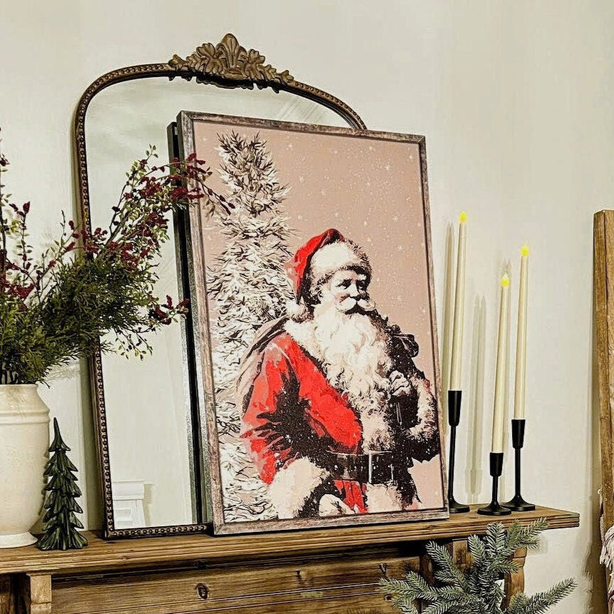 Holiday Decor, Father Christmas, Large Canvas Wall Art, Vintage Christmas Art, Vintage Wall Art, Woodland Santa Claus, Traditional Holiday