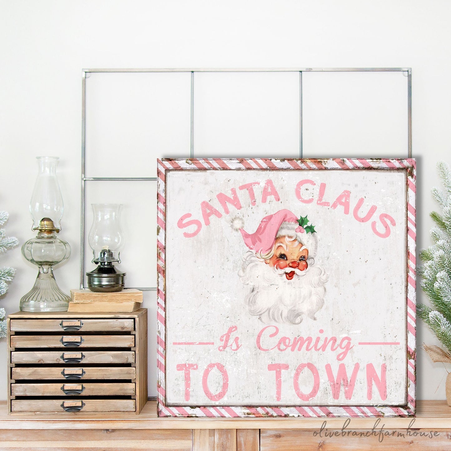 christmas canvas art, Santa Claus is coming to town in pink and white