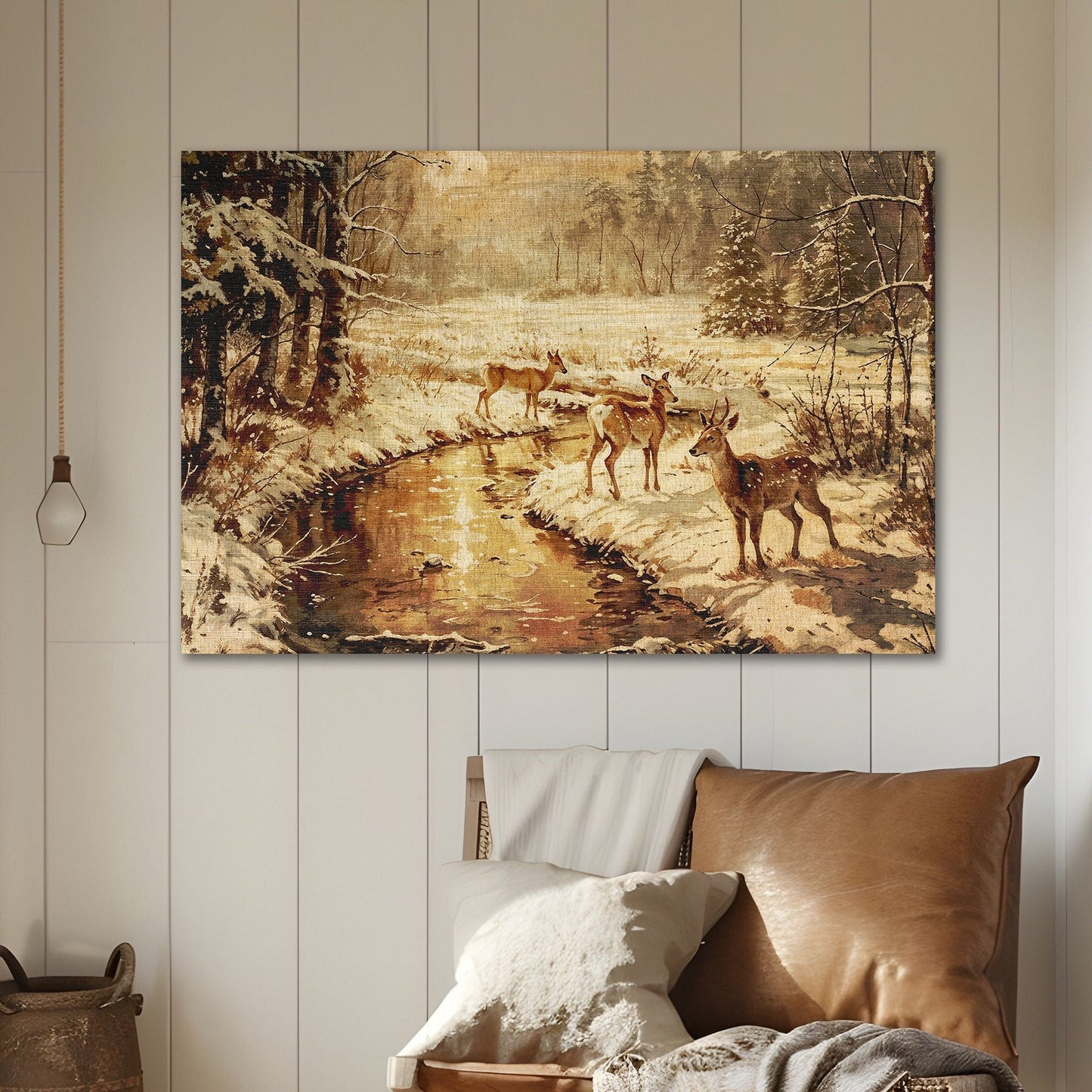 vintage canvas of deer by a creek in the winter