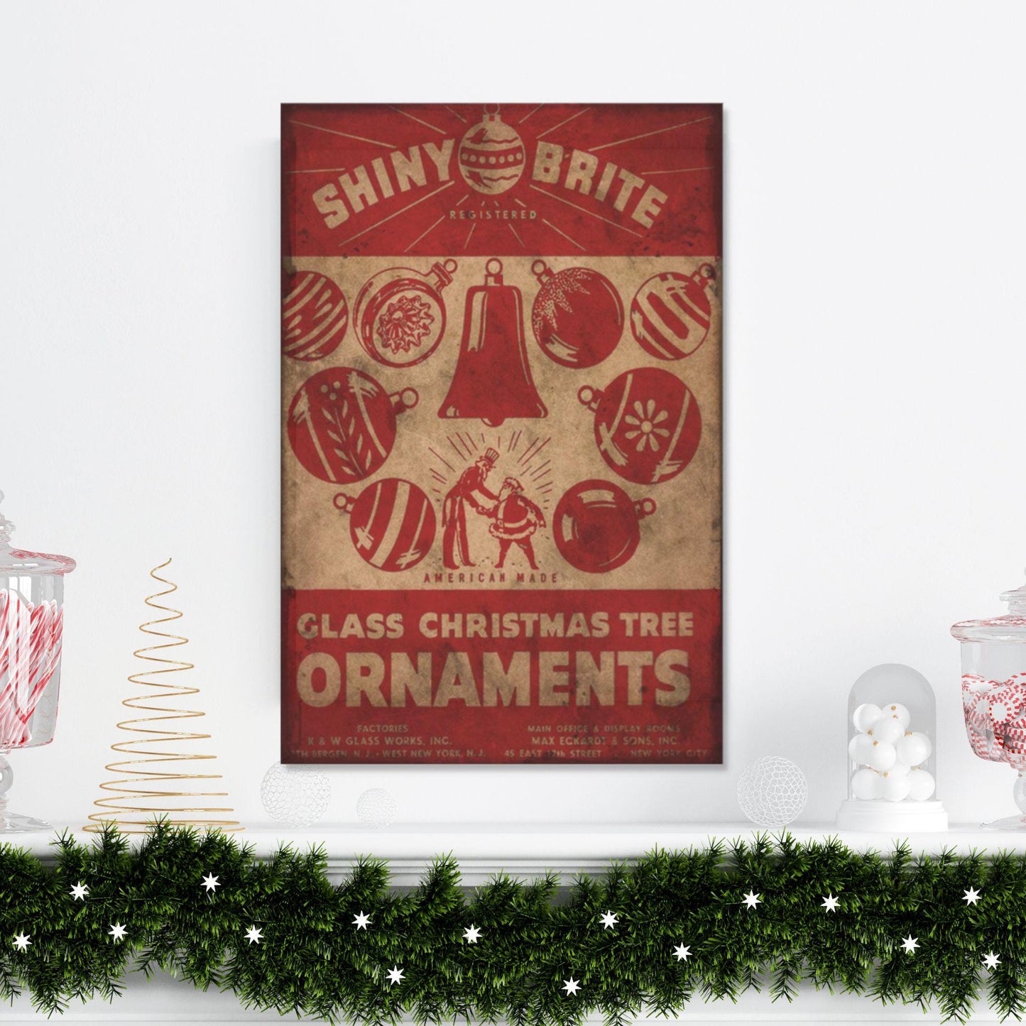 Holiday Decor, Shiny Brite Ornaments Canvas Sign, Primitive Christmas, Vintage Holiday Sign, Christmas Decor, Retro Christmas, Christmas Art