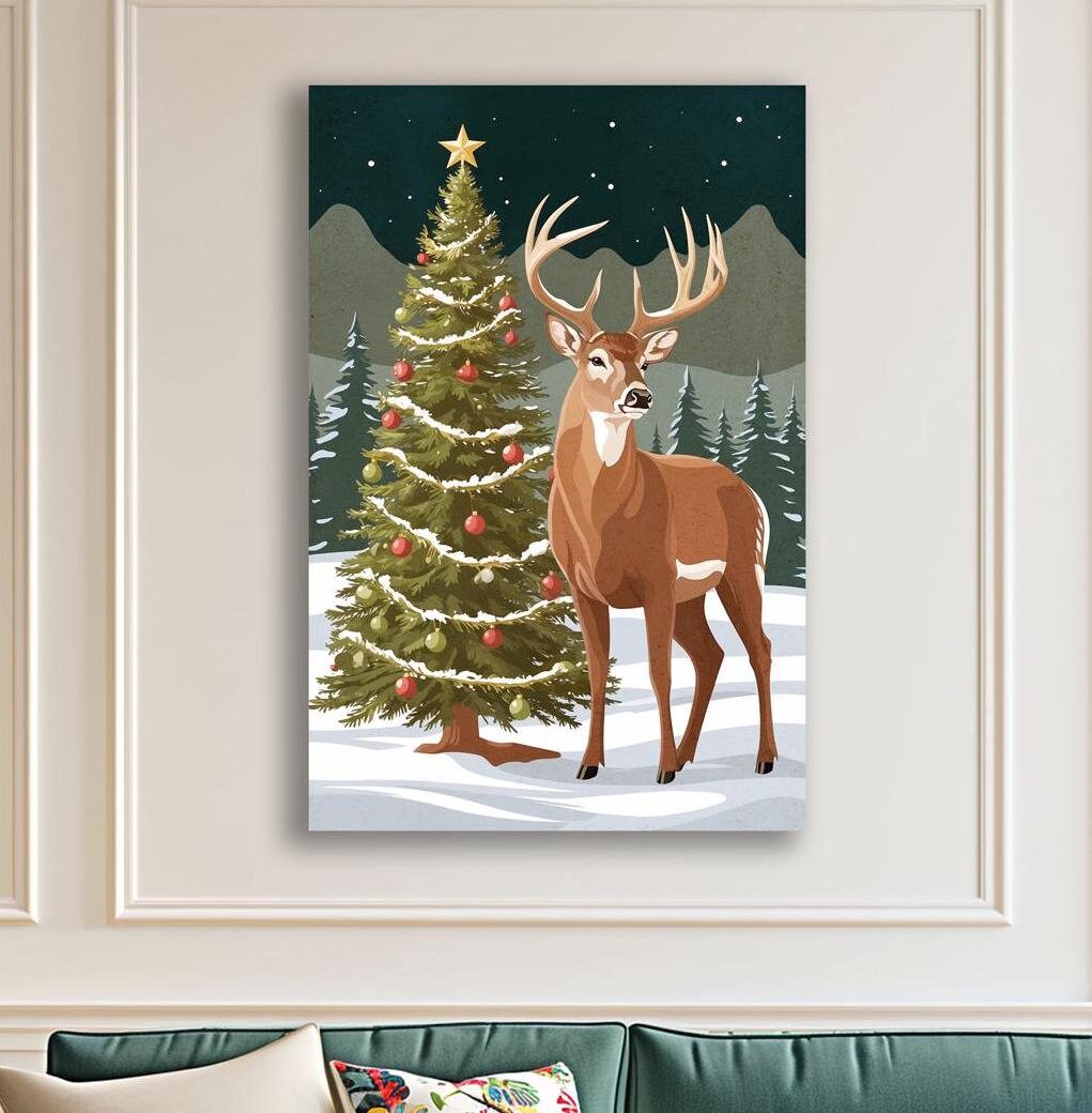 Mid century modern retro reindeer and christmas tree canvas