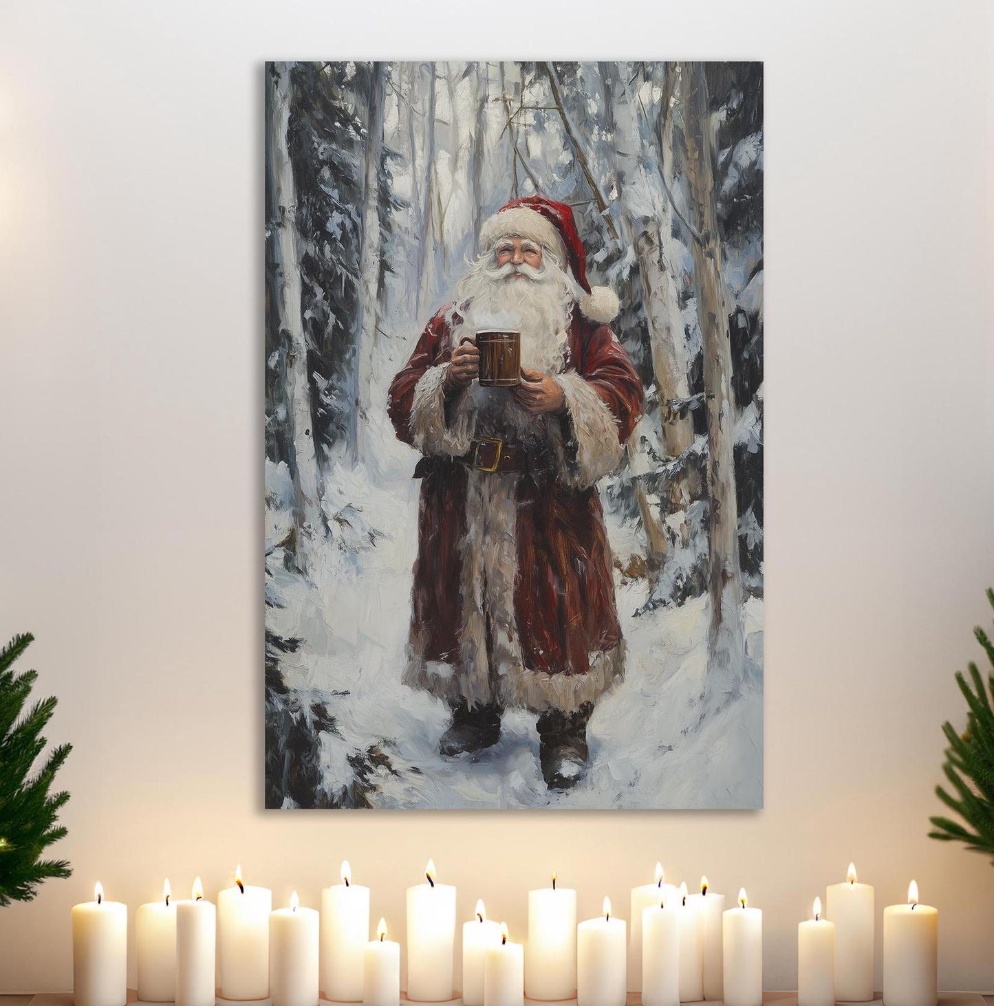 hot cocoa with santa in the woods on a snowy day canvas art
