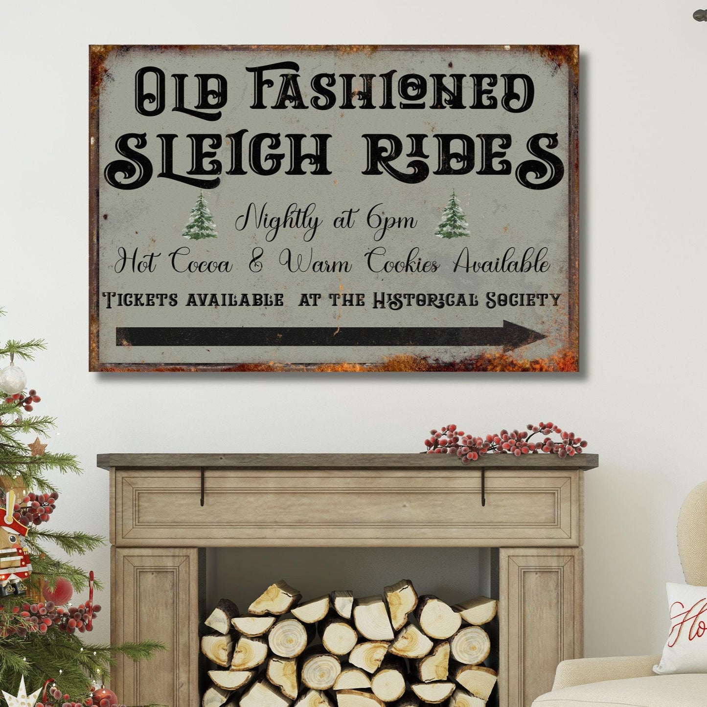 old fashioned sleigh rides canvas sign with a faux rusty frame