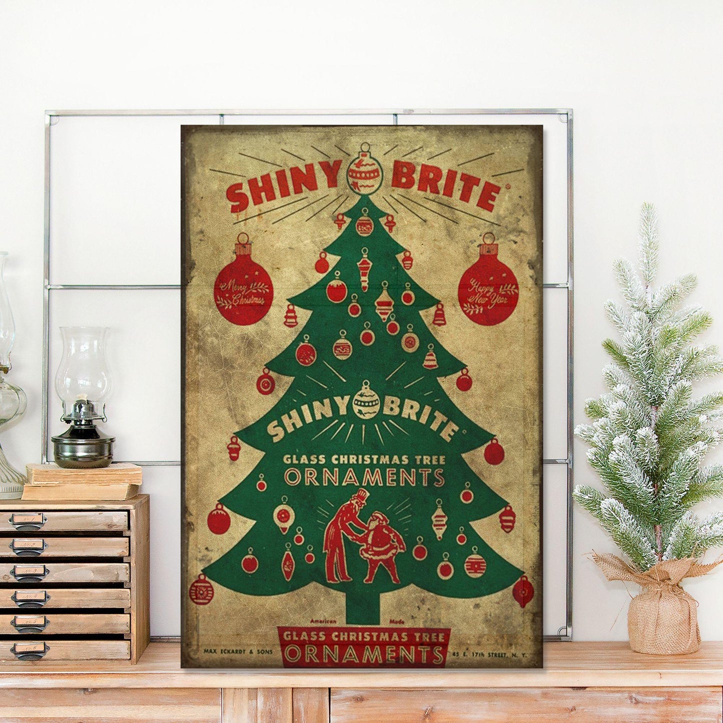Holiday Decor, Shiny Brite Ornaments Canvas Sign, Primitive Christmas, Vintage Holiday Sign, Christmas Decor, Retro Christmas, Christmas Art