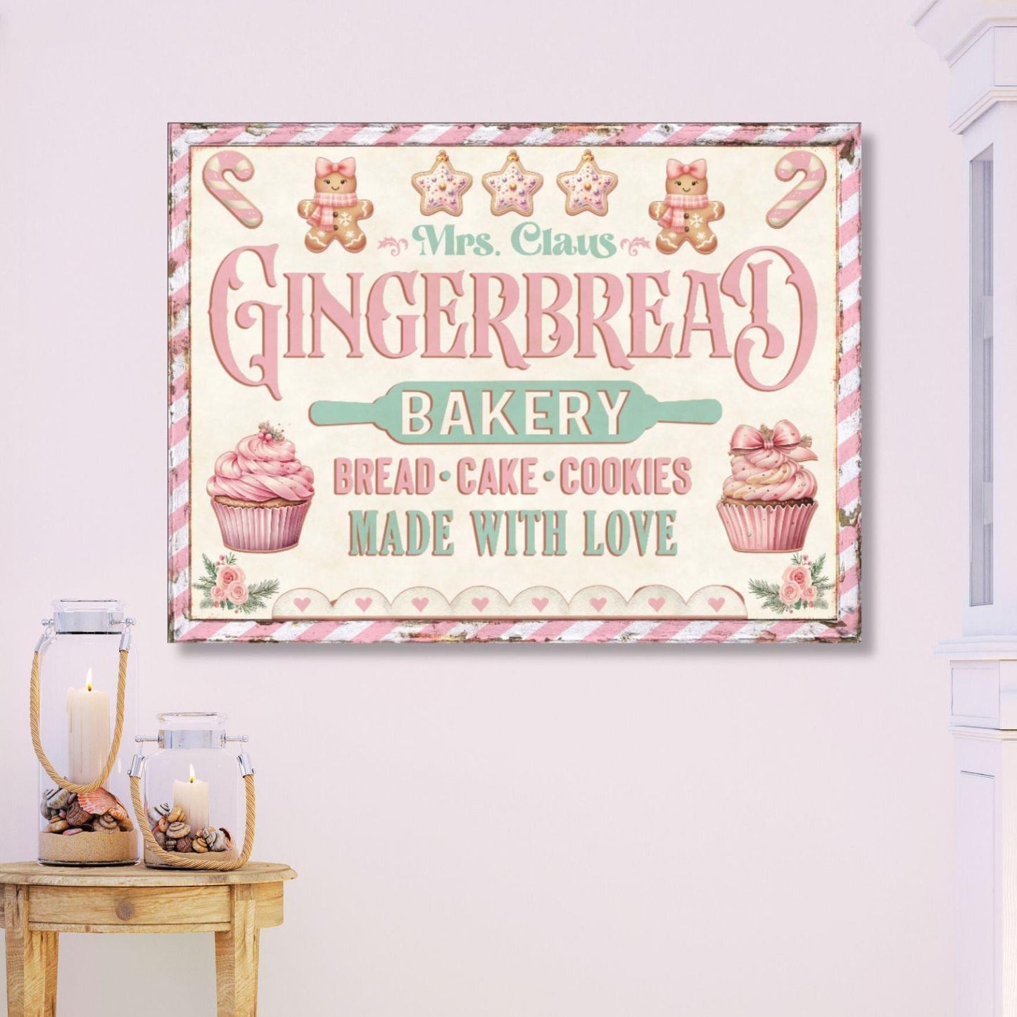 pink and teal christmas canvas sign Mrs Claus Bakery