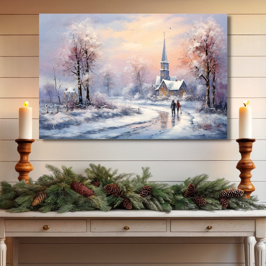 pastel landscape of a snowy christmas eve at sunset with a couple walking to church