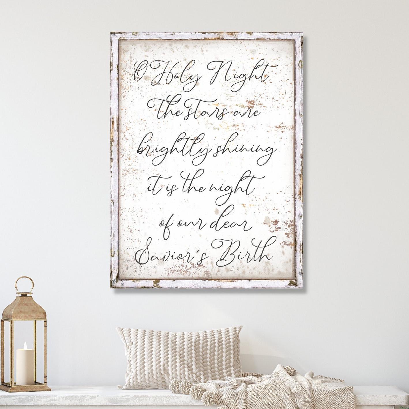 oh holy night in script on a canvas sign with a faux wooden frame