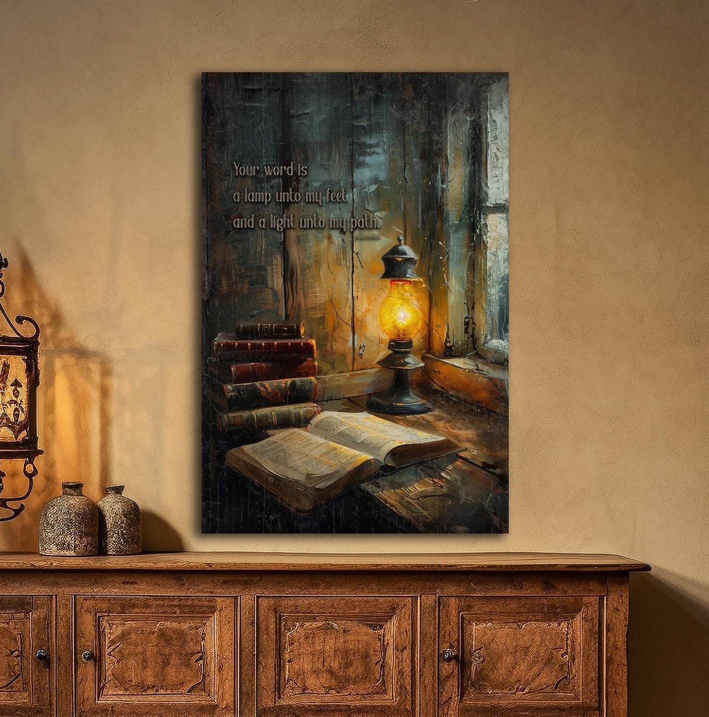 Your word is a lamp unto my feet and a light unto my path, Psalm 119 canvas wall art gift