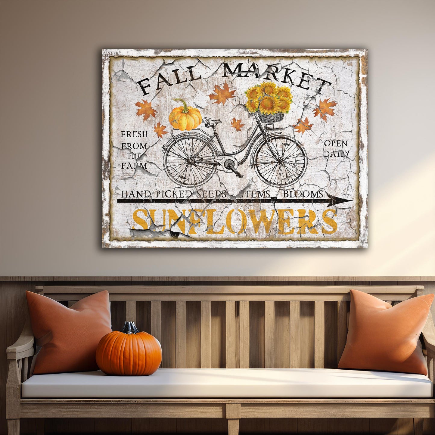 fall market canvas sign with a bicycle and sunflowers
