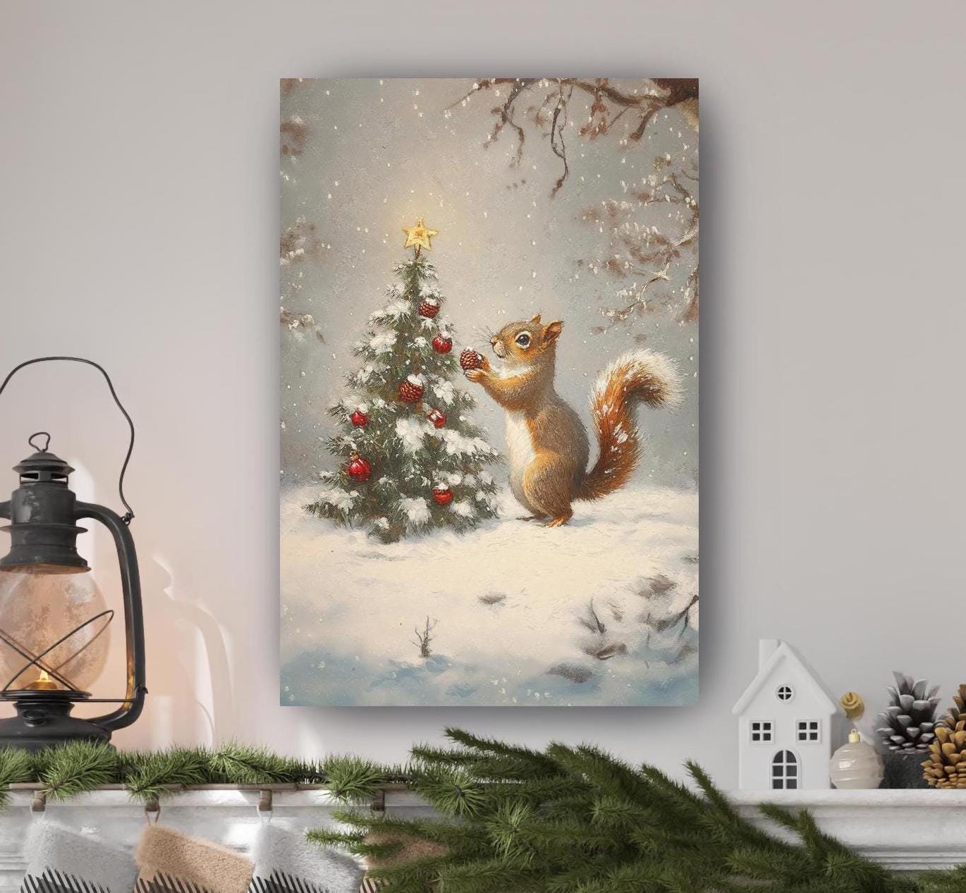 cute squirrel trimming a christmas tree canvas art