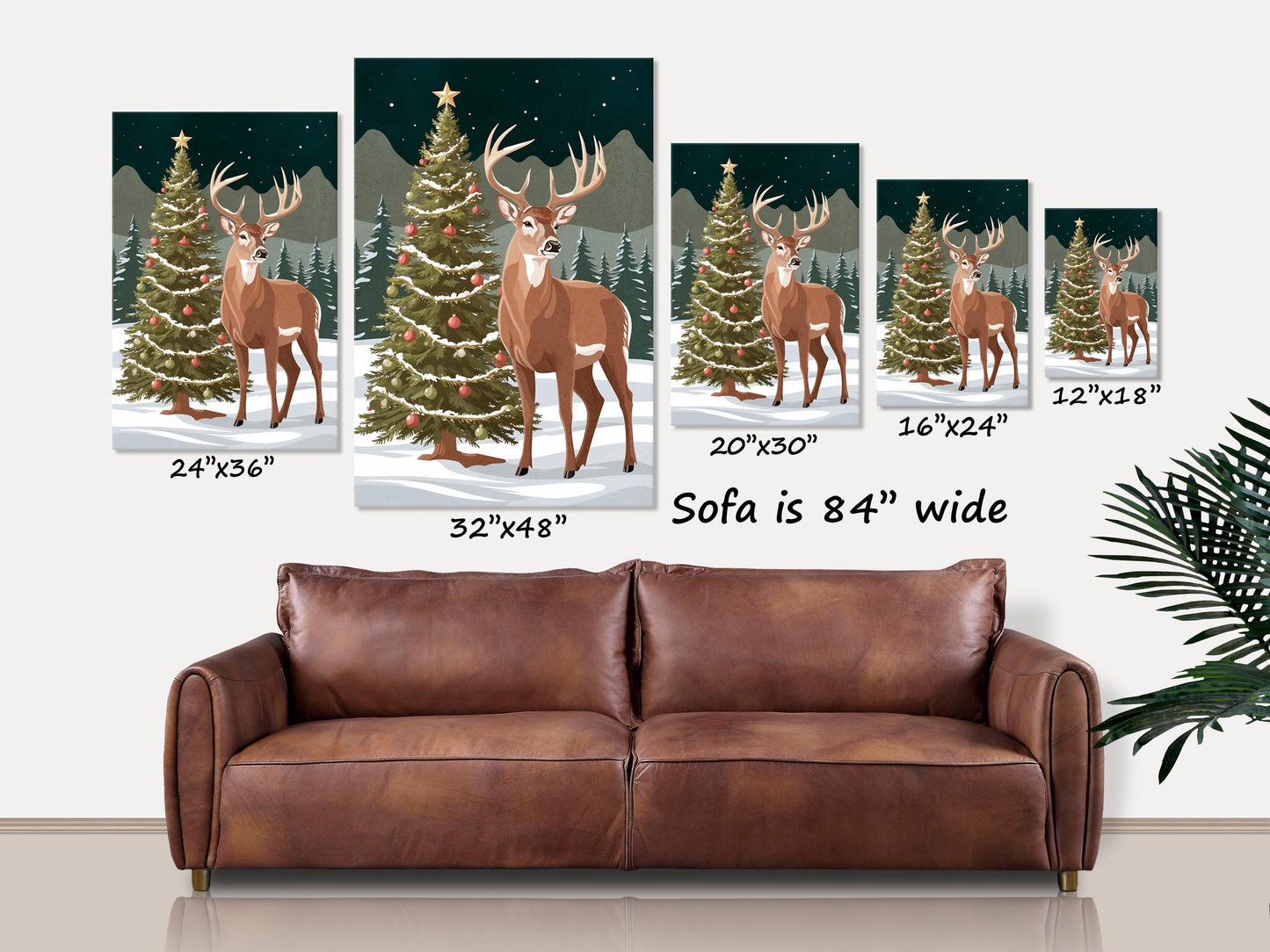 Christmas Deer Canvas Wall Art Holiday Decor, Winter Wildlife, Festive Buck Snow Painting, Holiday Forest Scene, Christmas Tree and Deer