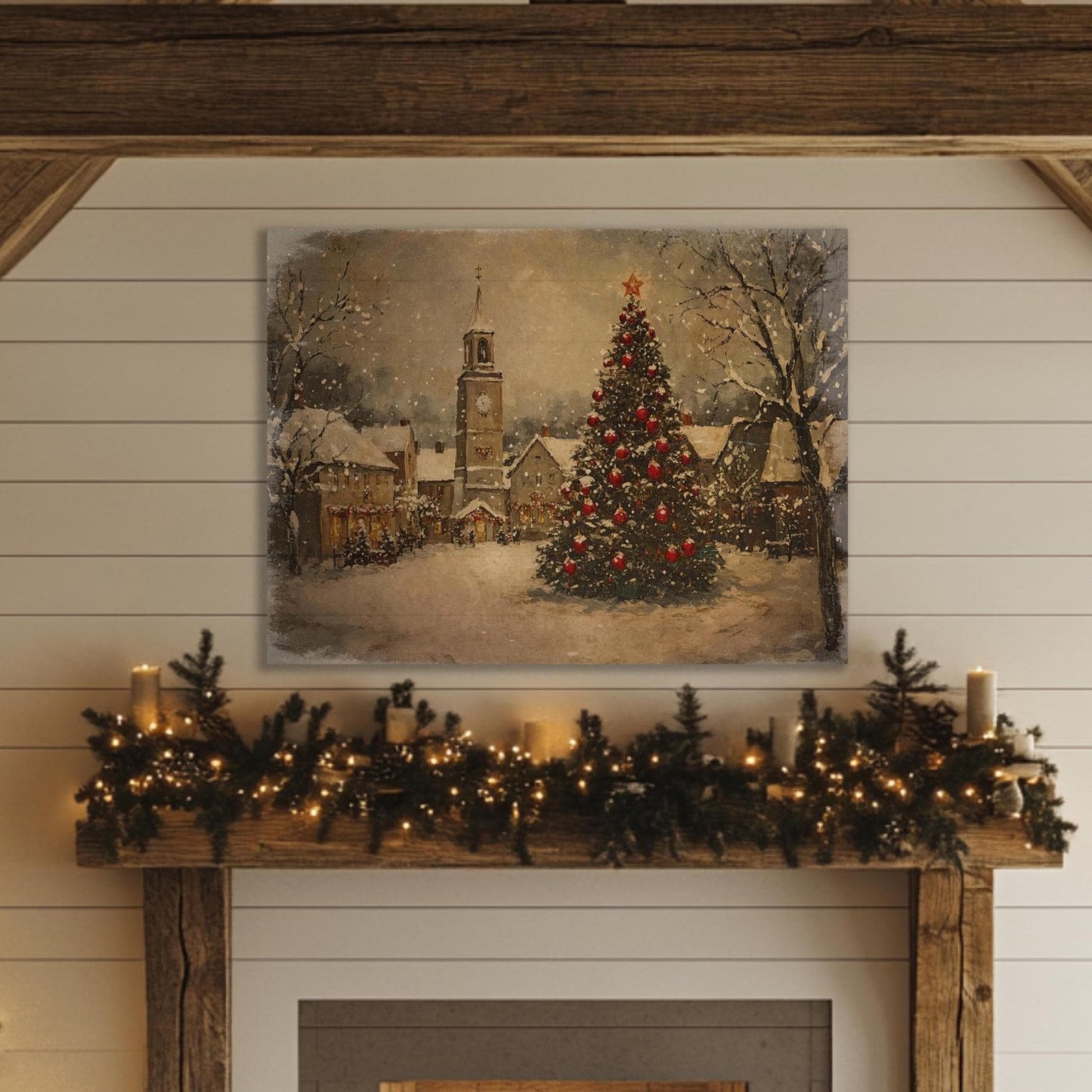 Vintage Holiday Town Square Canvas Art, Snowy Church Scene, Rustic Farmhouse Christmas Décor, Winter Mantel Artwork, Small Town Christmas