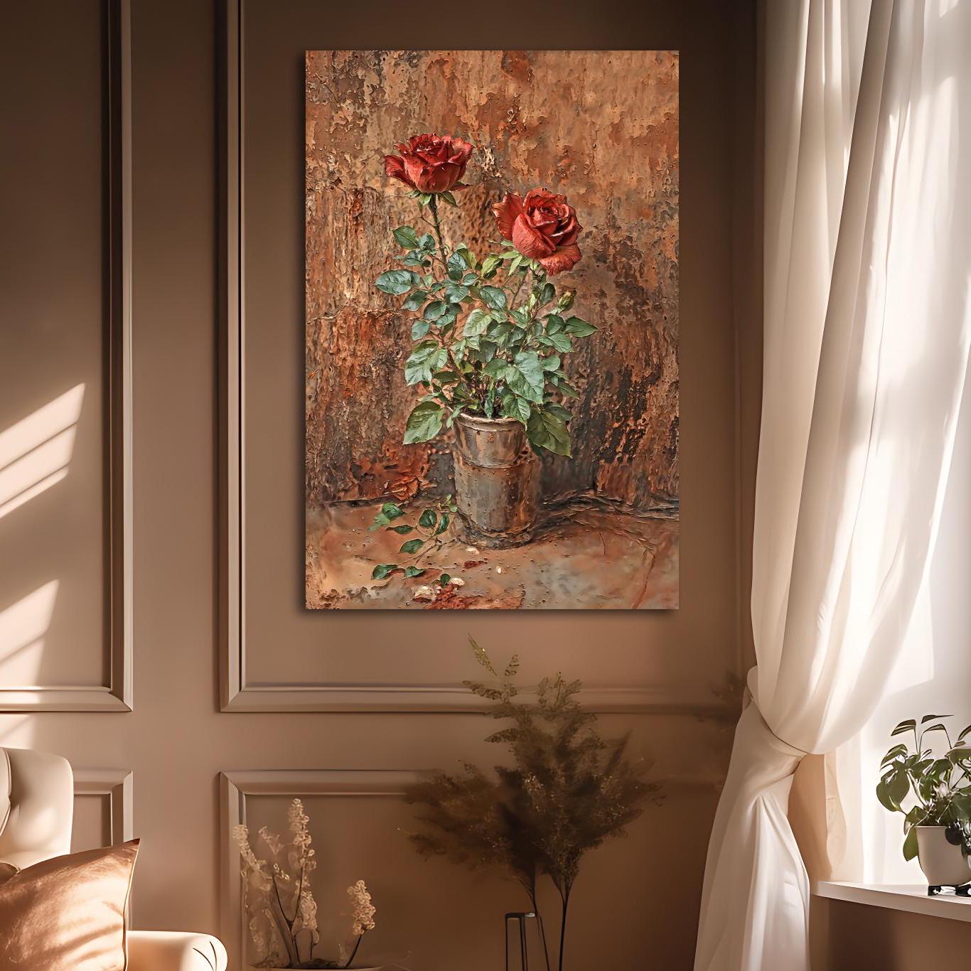 May include: A painting of two red roses in a metal pot. The roses are in bloom and have green leaves. The background is a textured brown color.