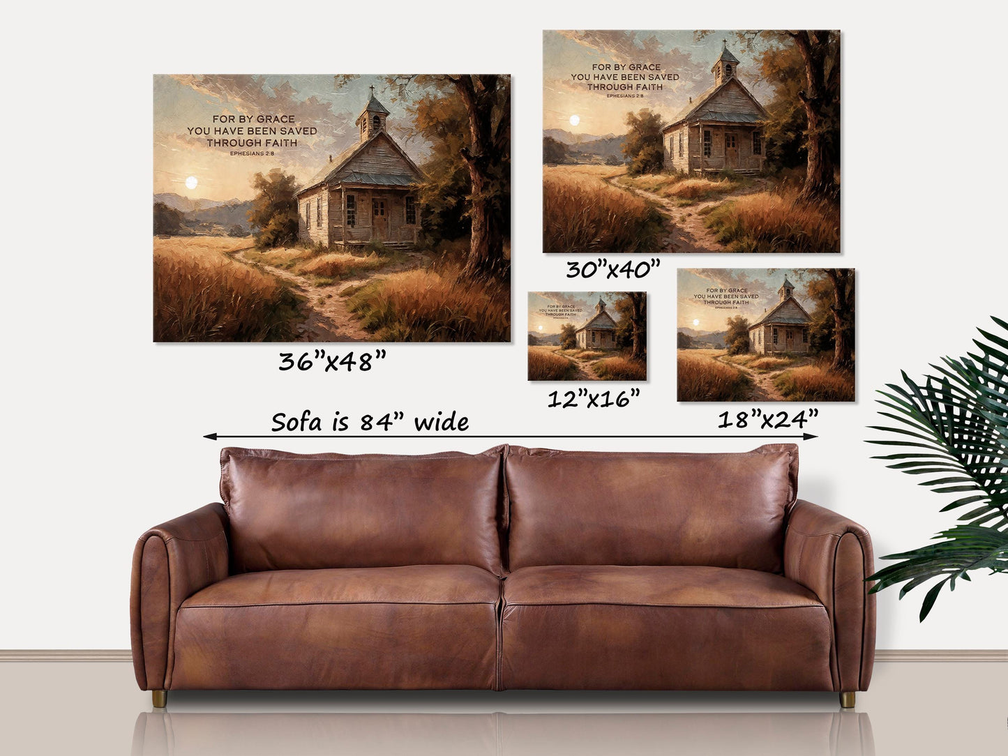 Christian Canvas Wall Art, Ephesians 2:8 Bible Verse, Country Church at Sunrise, Christian Gifts, Scripture Decor, Religious Gift