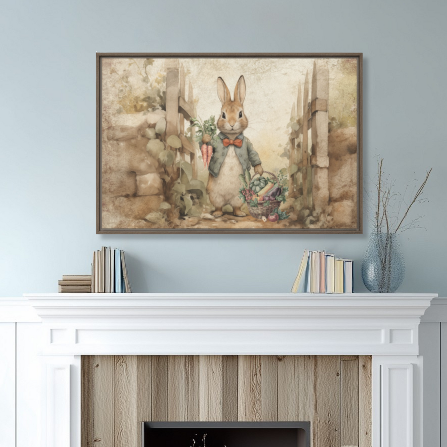 Living room with a fireplace, framed Peter Rabbit artwork above it, and decorative items.
