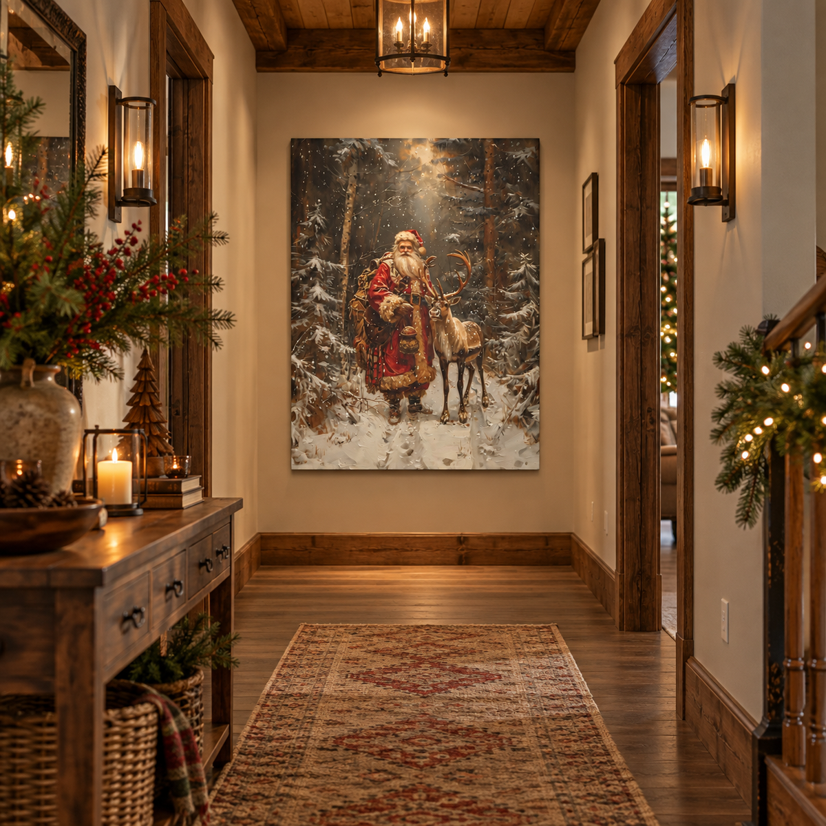 Woodland Santa and Reindeer Vintage Christmas Canvas Wall Art