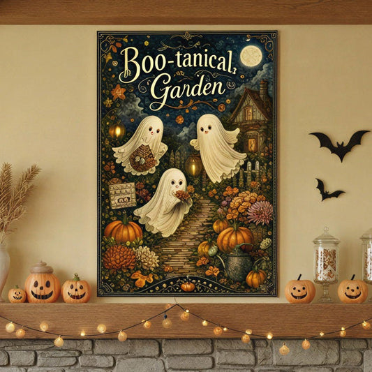 A cozy autumn living room scene centered around a stone fireplace with a burning fire. The walls are warm beige with exposed wooden beams, and the room is decorated for Halloween and fall with framed art, pumpkins, string lights, bookshelves, two cream armchairs, and a round patterned rug.