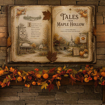 A rustic stone fireplace with a glowing fire, decorated with an autumn garland, candles, and a large open book sign reading 'Tales of Maple Hollow' mounted above the mantel.