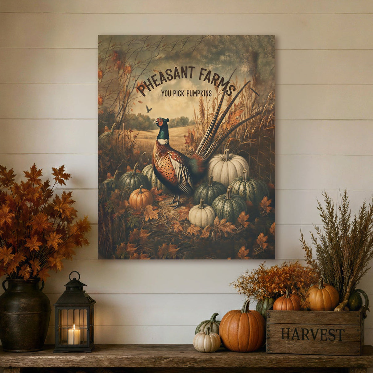 A rustic autumn-themed canvas print featuring a pheasant and pumpkins with the text 'Pheasant Farms' and 'You Pick Pmpkins', displayed on a white shiplap wall above a wooden bench decorated with fall foliage, pumpkins, and a lantern.