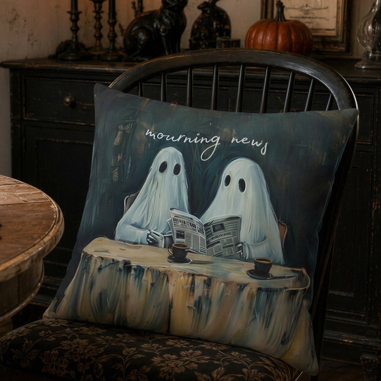 A Halloween-themed throw pillow with an illustration of two ghosts reading a book and the text 'mourning news' is styled on a wooden chair in a dark, vintage room decorated for the holiday.