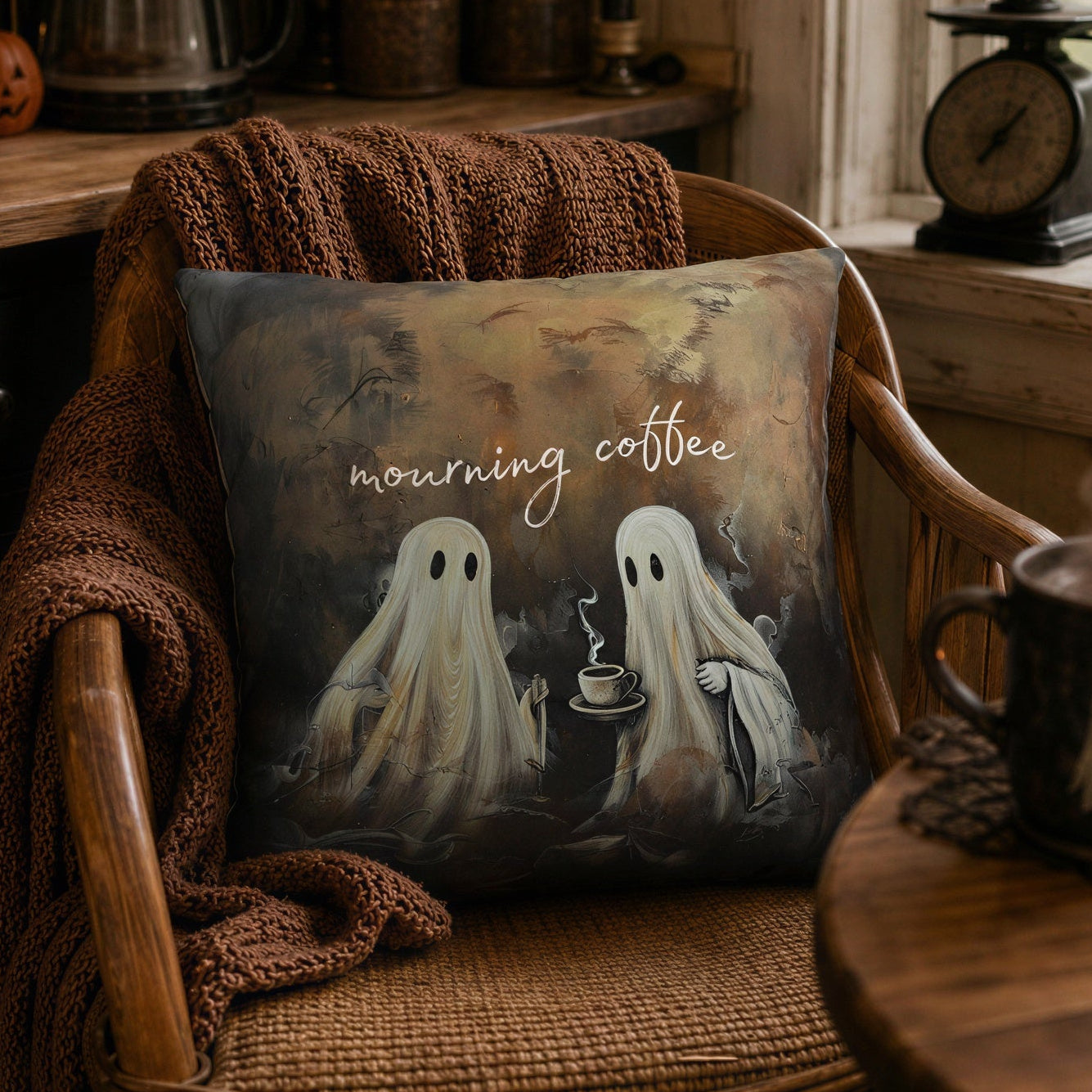 A square decorative throw pillow with a Halloween-themed illustration of two ghosts and the words 'morning coffee' sits on a rustic wooden chair in a cozy, dimly lit coffee shop or kitchen setting. A dark mug with a ghost graphic, a lit jack-o'-lantern, candles, and autumn decorations are visible around it.
