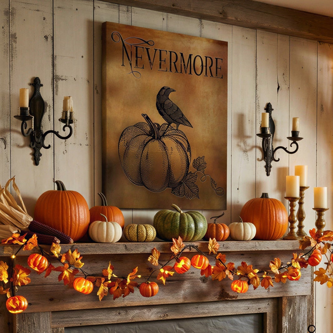 A cozy fall-themed living room scene featuring a rustic stone fireplace decorated with pumpkins, a string light garland, a 'Nevermore' sign, a brown leather armchair with a red plaid throw, and warm string lights throughout the room.