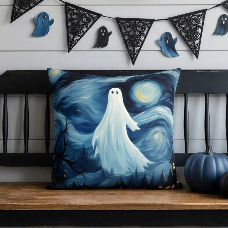 A styled Halloween-themed entryway featuring a wooden bench with a blue and white ghost print pillow, decorative pumpkins, a black-and-white checkered rug, and a white shiplap wall with a circular mirror, black flag bunting, and lanterns.