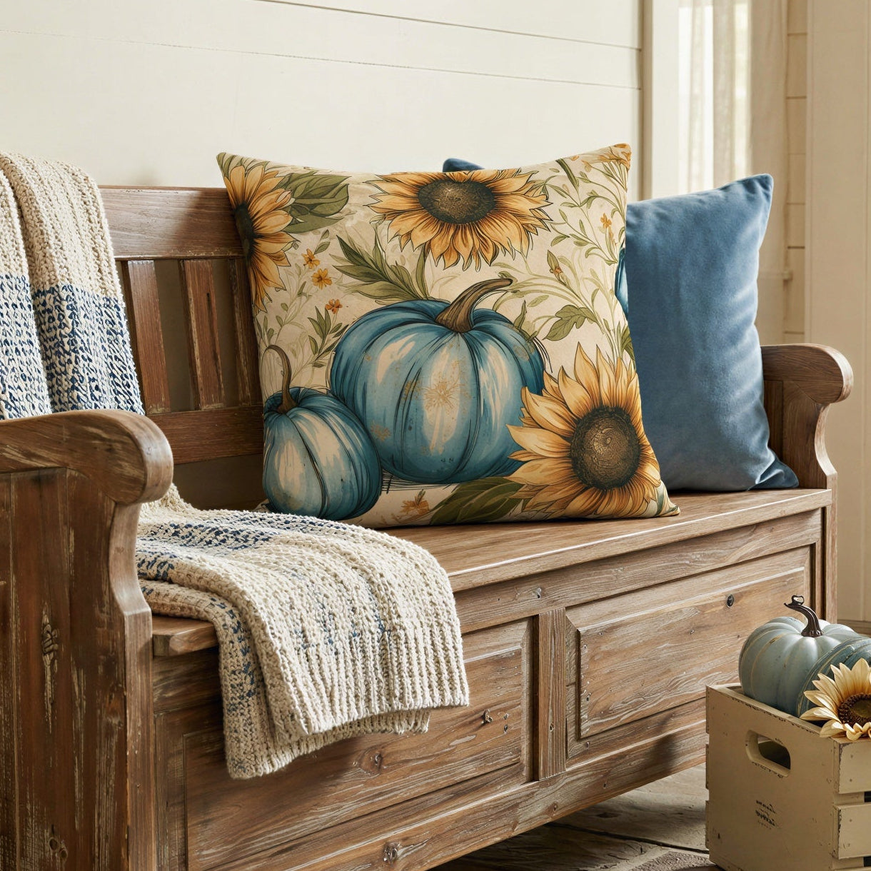 A rustic wooden bench with a weathered finish is styled with a blue and yellow pumpkin print pillow, a solid blue pillow, a cream plaid throw blanket, and a cream knit throw. The bench is set in a cozy home entryway next to a side table with a lamp and a wooden crate holding decorative pumpkins and sunflowers.
