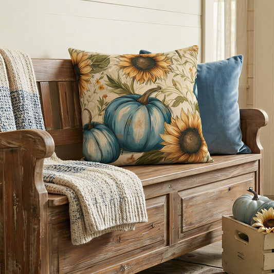 A rustic wooden bench with a weathered finish is styled with a blue and yellow pumpkin print pillow, a solid blue pillow, a cream plaid throw blanket, and a cream knit throw. The bench is set in a cozy home entryway next to a side table with a lamp and a wooden crate holding decorative pumpkins and sunflowers.