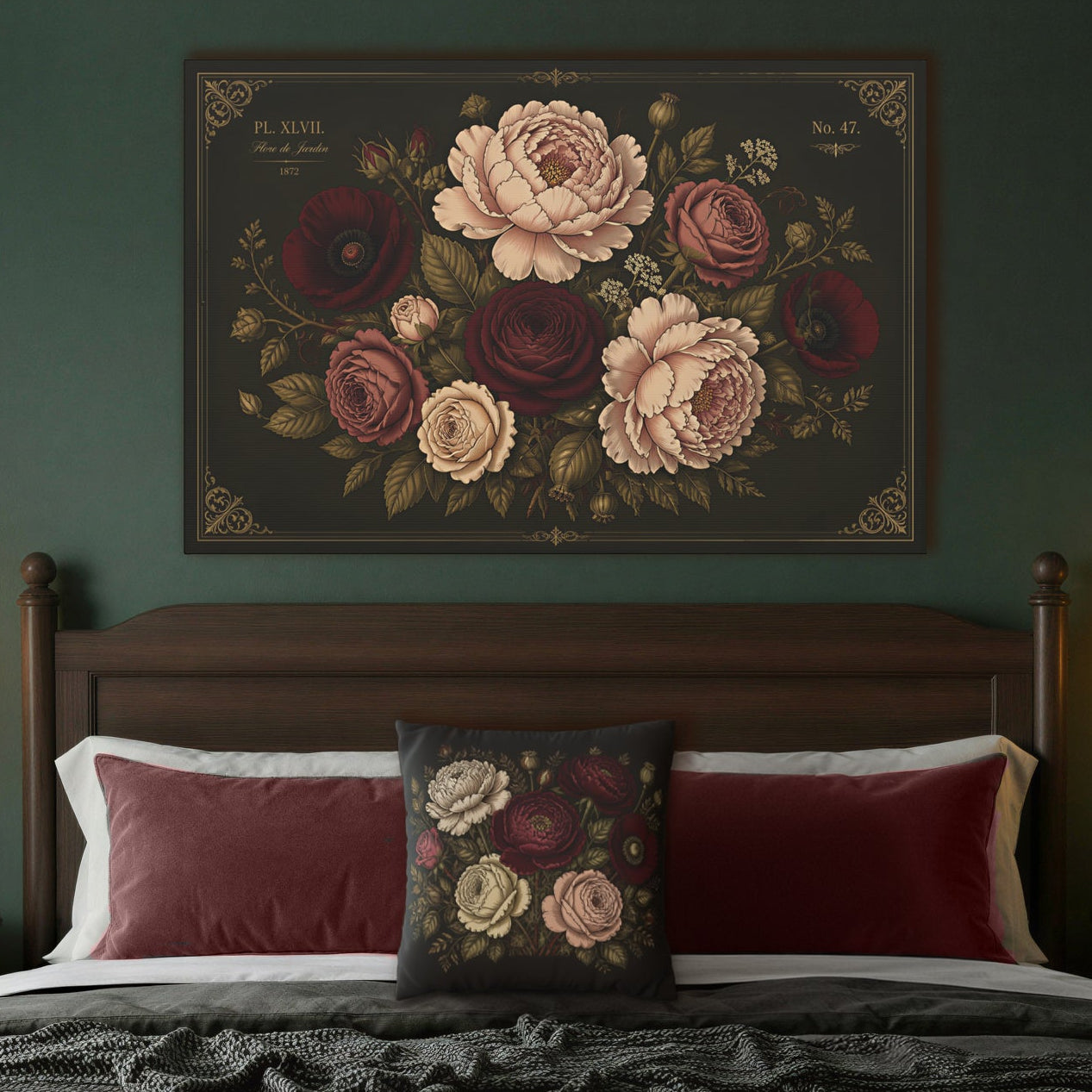 A framed floral wall art print hangs above a bed in a dark, moody bedroom. The artwork features large cream, burgundy, and mauve flowers with green leaves on a dark background, bordered by gold ornamental details.