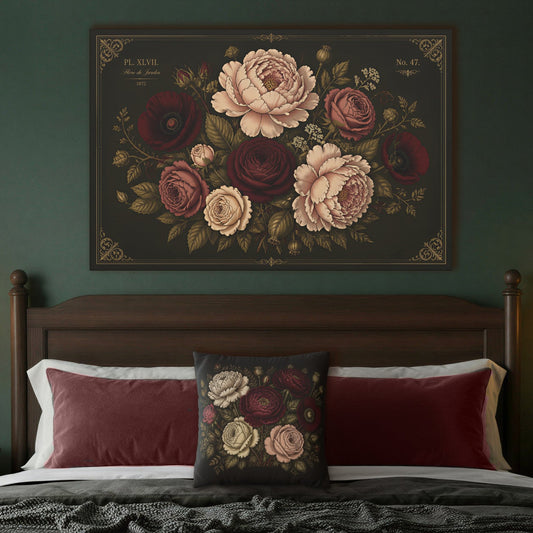 A framed floral wall art print hangs above a bed in a dark, moody bedroom. The artwork features large cream, burgundy, and mauve flowers with green leaves on a dark background, bordered by gold ornamental details.