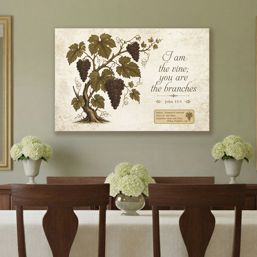 A dining room scene with a dark wood dining table and chairs covered in a white tablecloth, set on a patterned area rug against sage green walls. A framed botanical wall art print hangs above the table, flanked by two gold-framed mirrors.