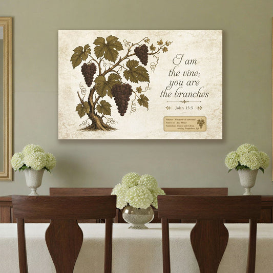 A dining room scene with a dark wood dining table and chairs covered in a white tablecloth, set on a patterned area rug against sage green walls. A framed botanical wall art print hangs above the table, flanked by two gold-framed mirrors.