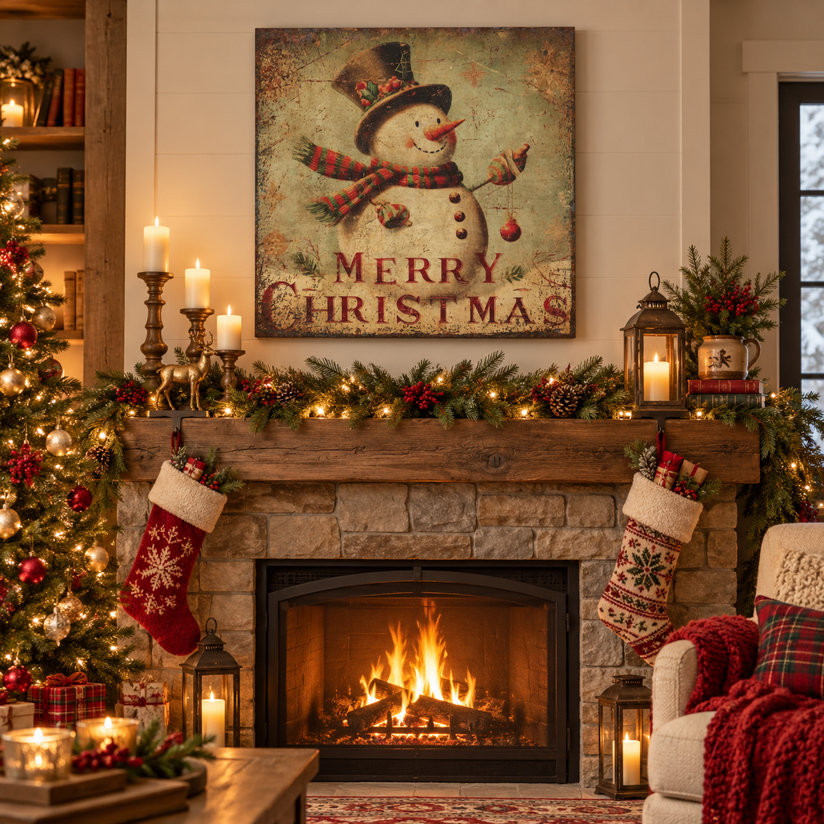 Merry Christmas Snowman Canvas Art
