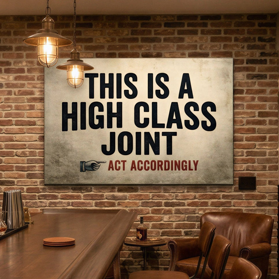 A rustic home bar interior with a wooden bar counter, bar stools, brick wall, shelves of bottles, and a large wall sign that reads 'THIS IS A HIGH CLASS JOINT' with a small 'Act Accordingly' logo.