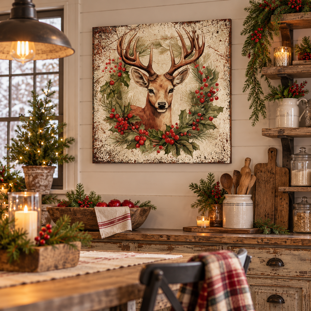 Antlers and Holly Deer Canvas Art