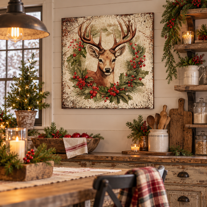 Antlers and Holly Deer Canvas Art
