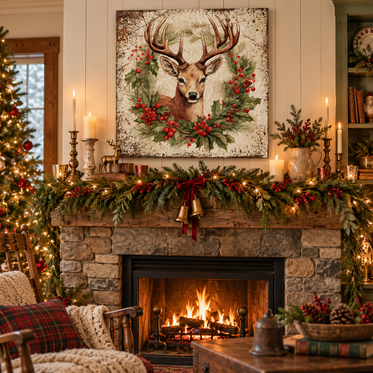 Antlers and Holly Deer Canvas Art