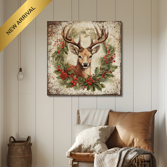 Antlers and Holly Deer Canvas Art