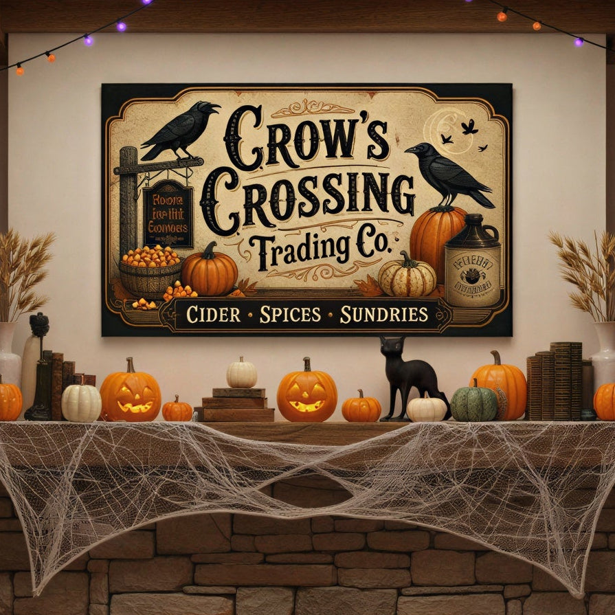 A cozy autumn living room scene centered on a stone fireplace with a lit fire, pumpkins, spiderwebs, string lights, and a framed sign reading 'Crow's Crossing Trading Co.' above the mantel.